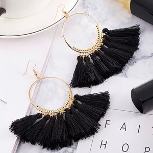 Black Tassel Hoop Earrings
